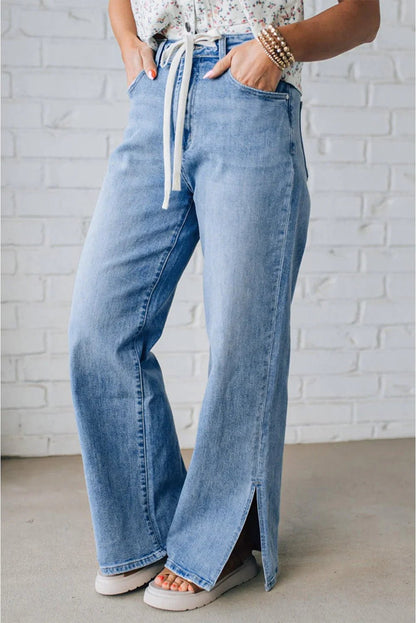 Myosotis Side Slit High Rise Drawstring Casual Jeans - minbolu
