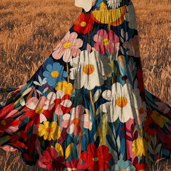 Colorful floral-patterned fabric against a natural background