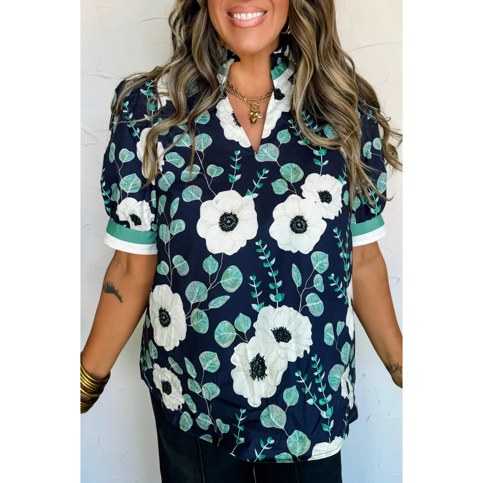 Blue Floral Print Striped Patchwork V Neck Short Sleeve Blouse