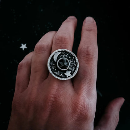 Night Sky Ring with Raw Meteorite - minbolu