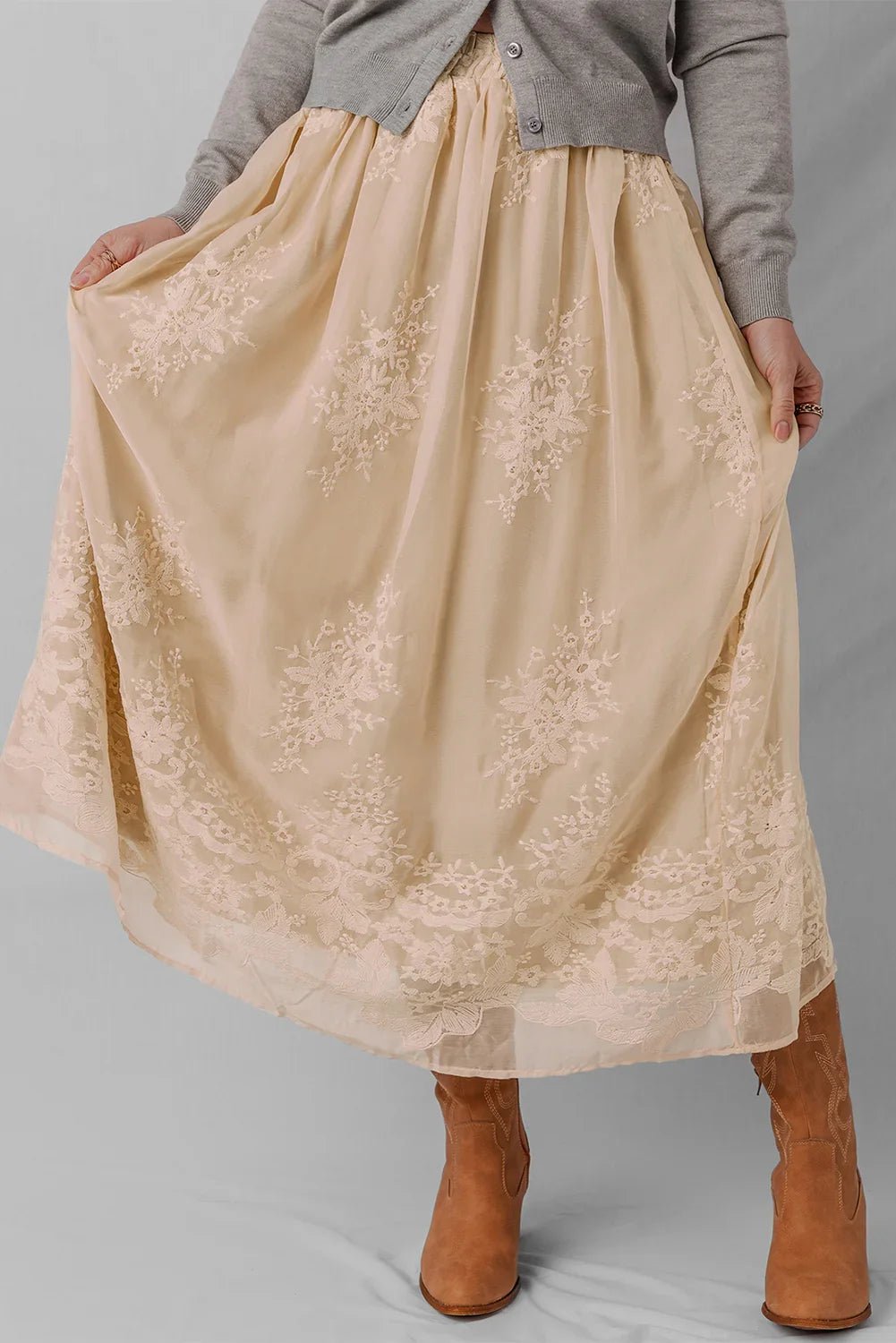 Oatmeal Embroidered Mesh Overlay Flowy Long Skirt - minbolu -