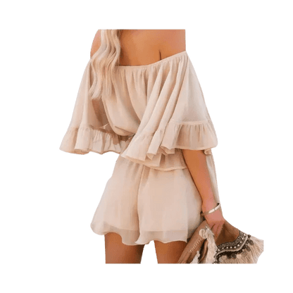 Off Shoulder Flounce Bell Sleeve Romper - minbolu