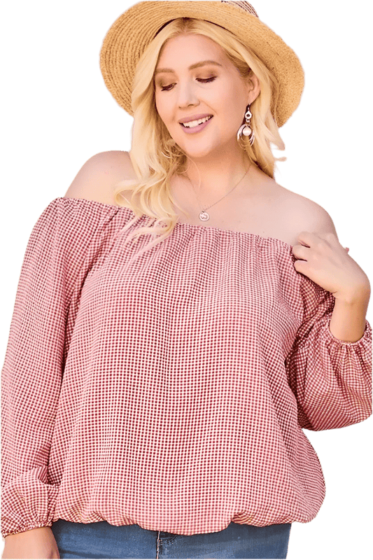 Off Shoulder Long Bubble Sleeve Plaid Top in Brick - minbolu