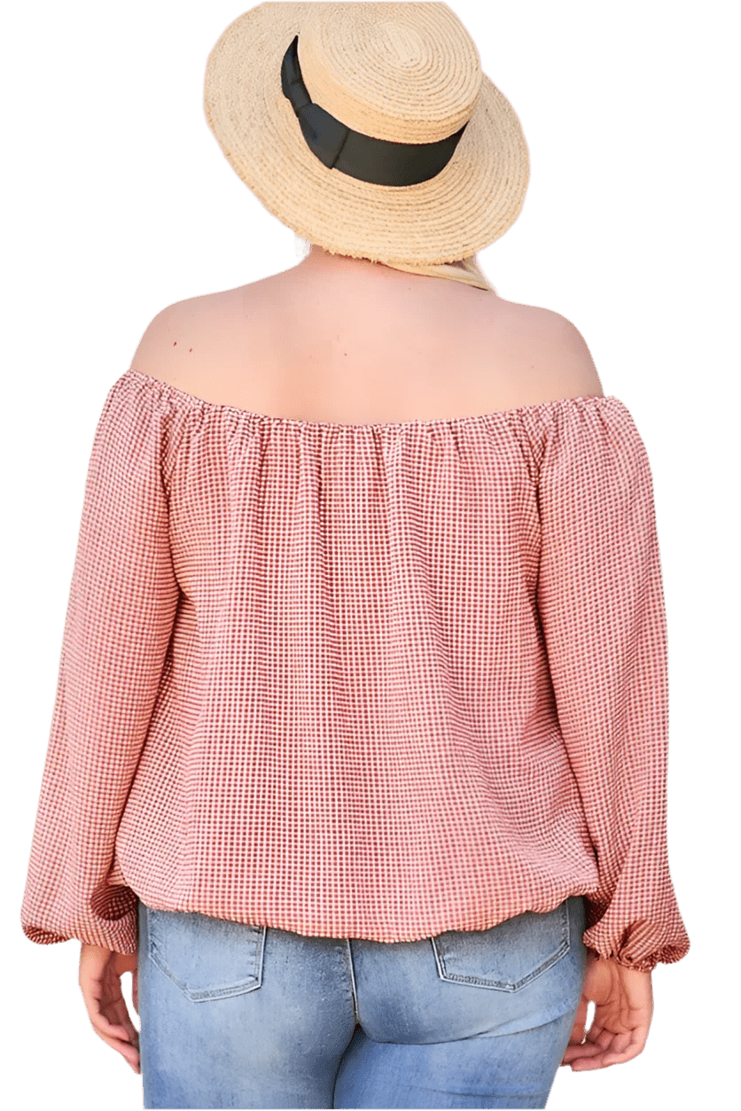 Off Shoulder Long Bubble Sleeve Plaid Top in Brick - minbolu