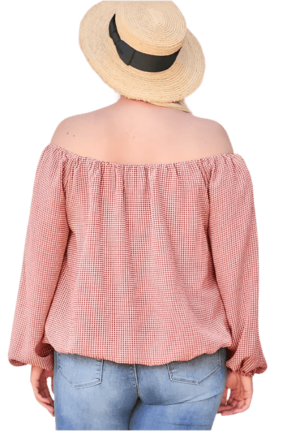 Off Shoulder Long Bubble Sleeve Plaid Top in Brick - minbolu