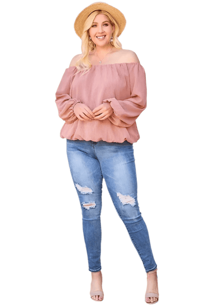 Off Shoulder Long Bubble Sleeve Plaid Top in Brick - minbolu