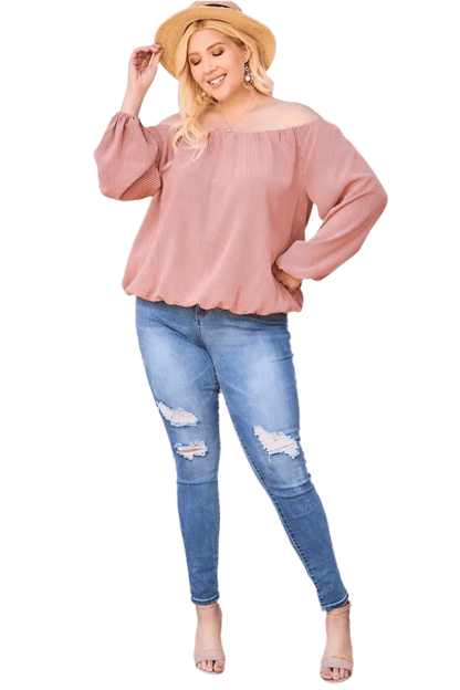Off Shoulder Long Bubble Sleeve Plaid Top in Brick - minbolu