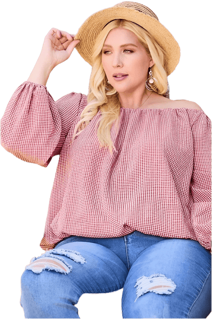 Off Shoulder Long Bubble Sleeve Plaid Top in Brick - minbolu