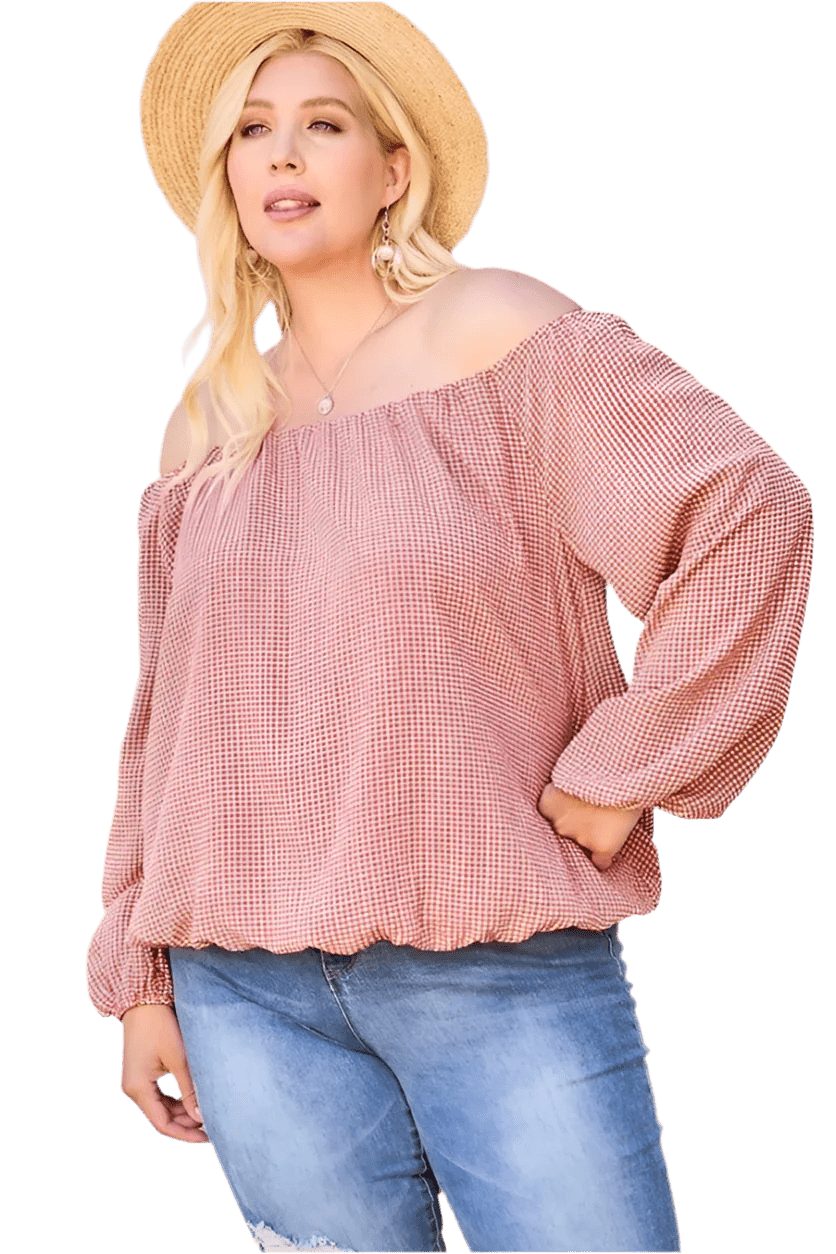 Off Shoulder Long Bubble Sleeve Plaid Top in Brick - minbolu