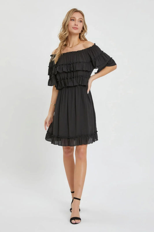 Off Shoulder Midi Dress in Black with Ruffle Hem and Elastic Waist - minbolu -