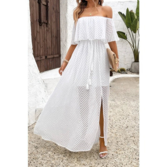 Off Shoulder Solid Tassel Ruffle Trim Split Dress - minbolu