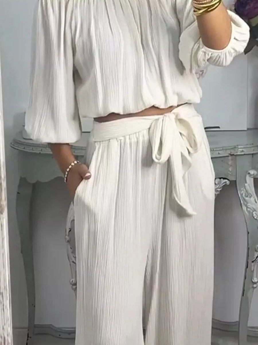Off-Shoulder Top and Pants Set - Boho Two-Piece Outfit Plus Size - minbolu -