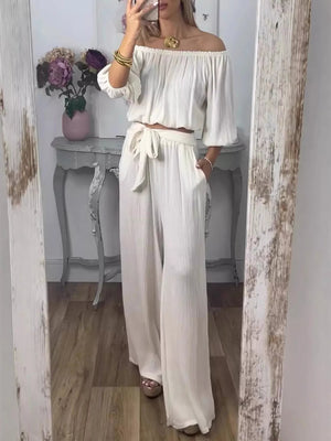 Off-Shoulder Top and Pants Set - Boho Two-Piece Outfit Plus Size - minbolu -