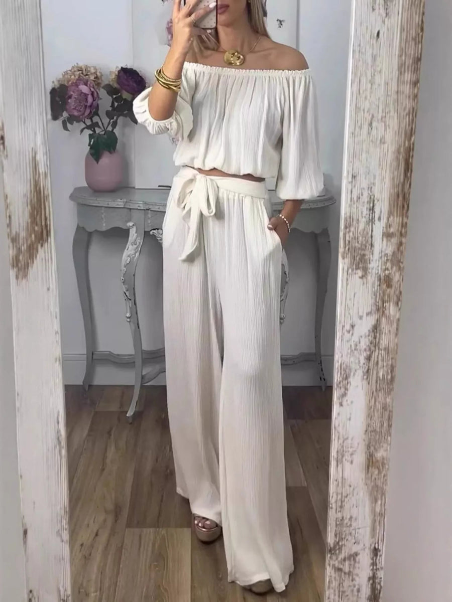Off-Shoulder Top and Pants Set - Boho Two-Piece Outfit Plus Size - minbolu -
