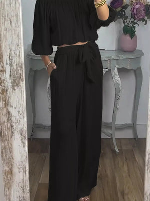 Off-Shoulder Top and Pants Set - Boho Two-Piece Outfit Plus Size - minbolu -