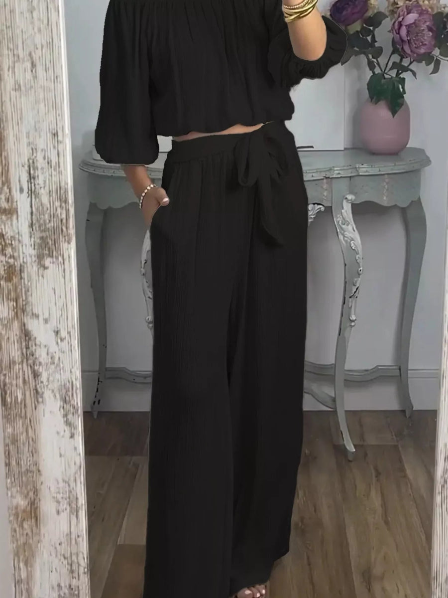 Off-Shoulder Top and Pants Set - Boho Two-Piece Outfit Plus Size - minbolu -
