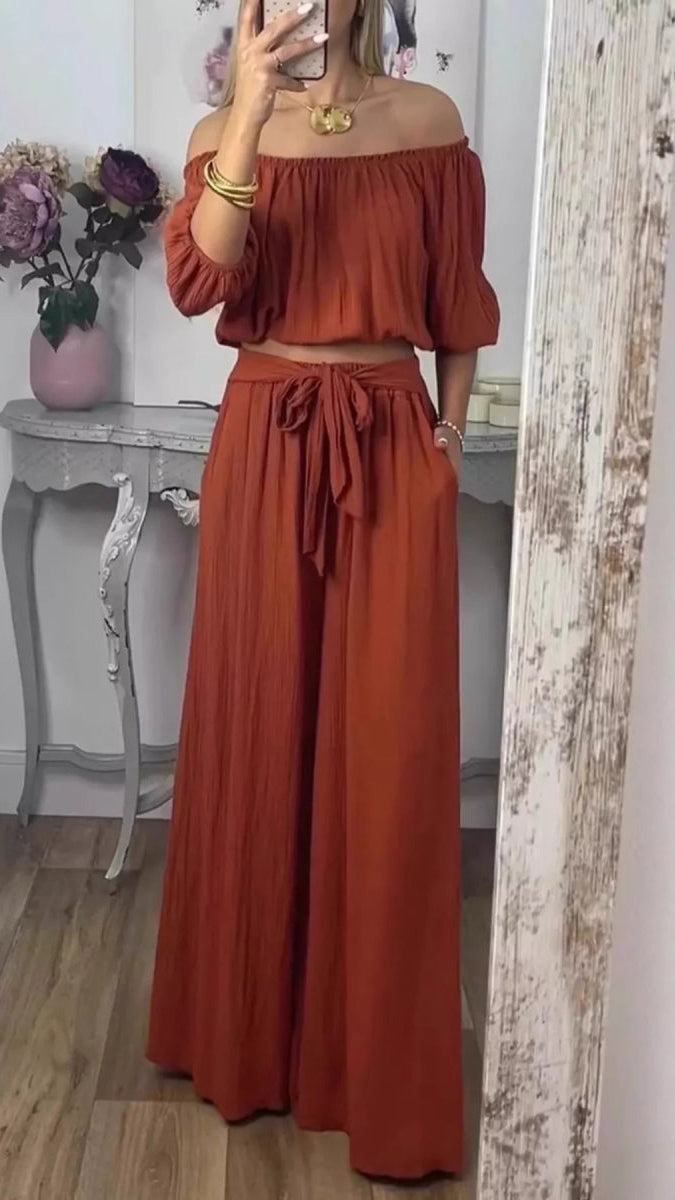 Off-Shoulder Top and Pants Set - Boho Two-Piece Outfit Plus Size - minbolu -