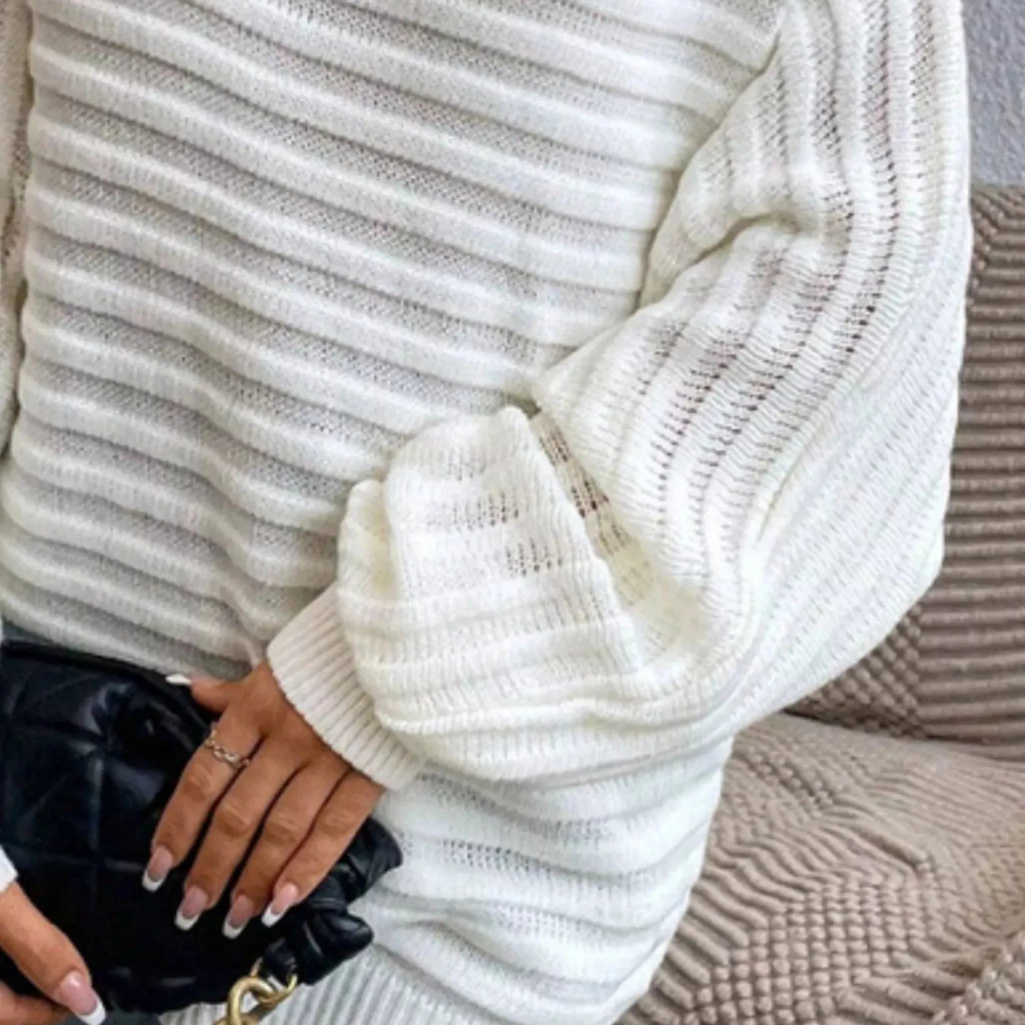 One Shoulder Ribbed Knit Sweater - Relaxed Fit Long Sleeve Top