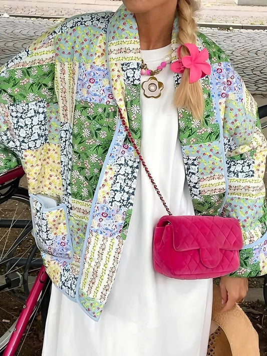 Printed Patchwork Open Front Cardigan with Pockets - minbolu -