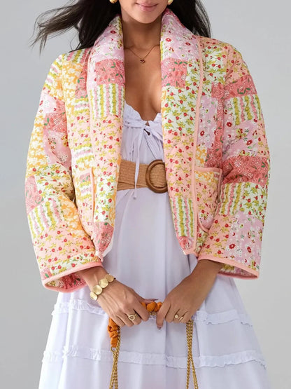 Printed Patchwork Open Front Cardigan with Pockets - minbolu -