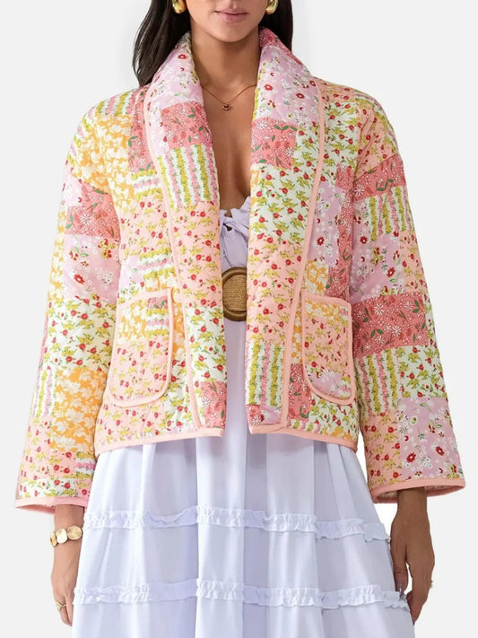 Printed Patchwork Open Front Cardigan with Pockets - minbolu -