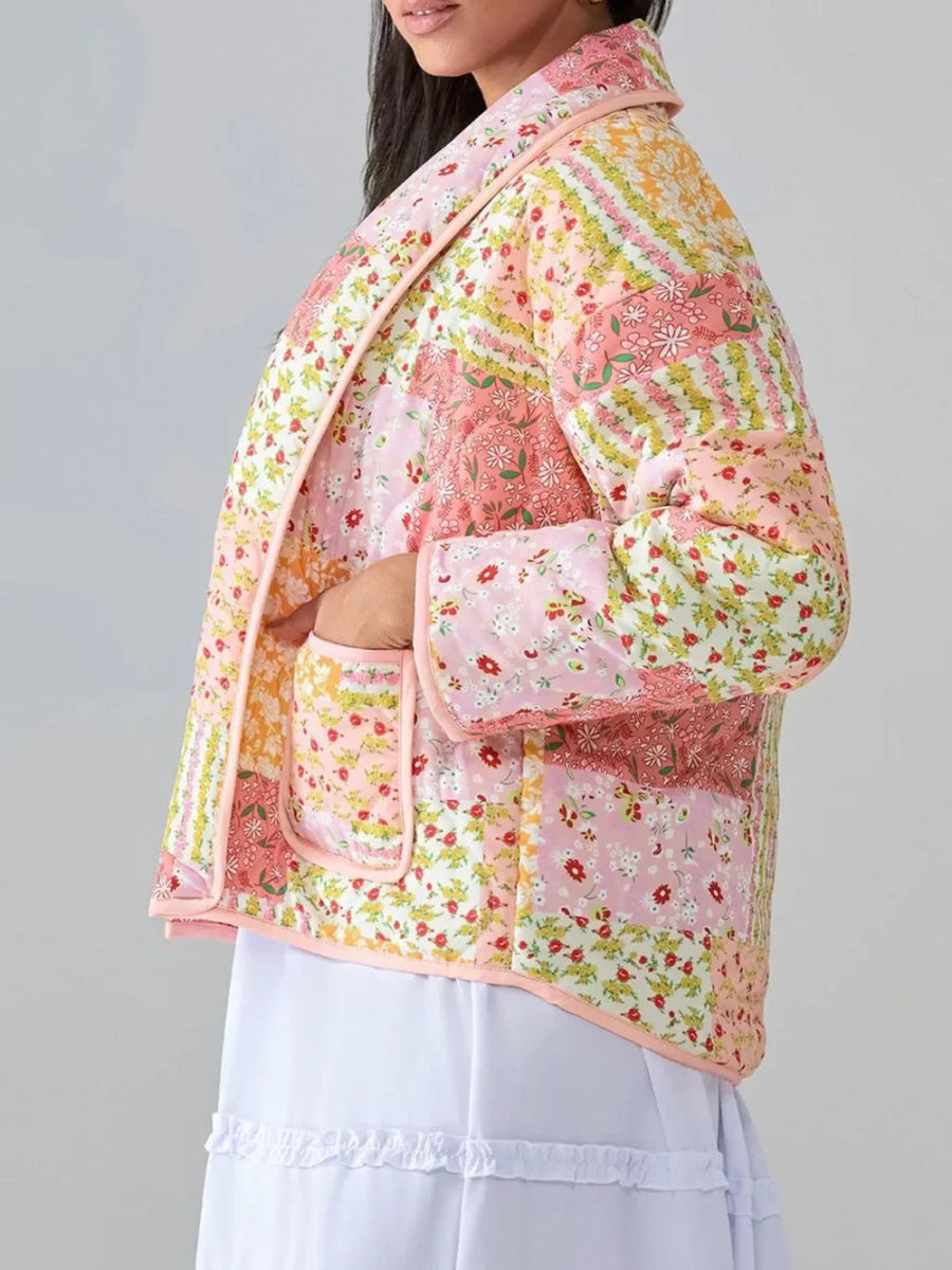 Printed Patchwork Open Front Cardigan with Pockets - minbolu -