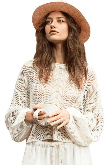 Openwork Balloon Sleeve Knit Cover Up - minbolu -