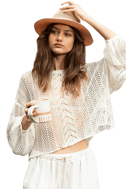 Openwork Balloon Sleeve Knit Cover Up - minbolu -