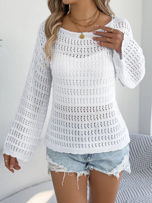 Openwork Boat Neck Knit Cover Up - minbolu -