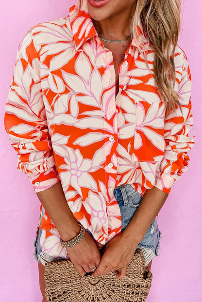 Orange Botanical Print Floral Button - Up Shirt with Chest Pocket - minbolu