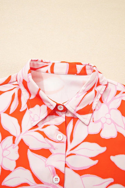 Orange Botanical Print Floral Button - Up Shirt with Chest Pocket - minbolu