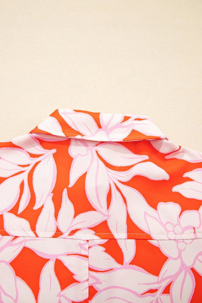 Orange Botanical Print Floral Button - Up Shirt with Chest Pocket - minbolu