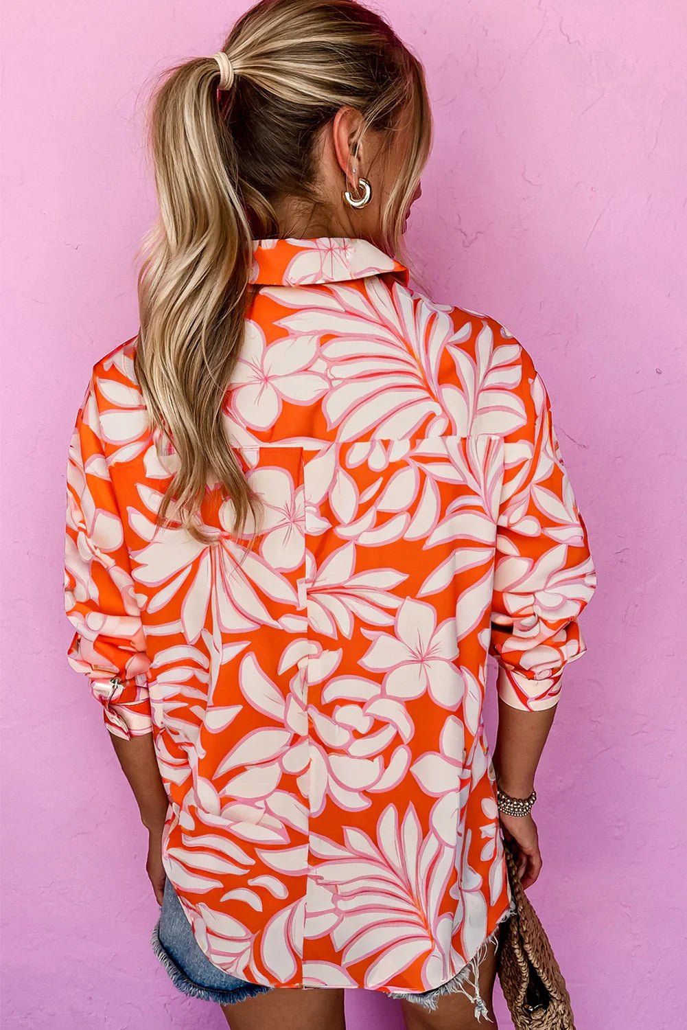 Orange Botanical Print Floral Button - Up Shirt with Chest Pocket - minbolu