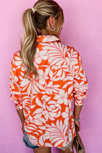 Orange Botanical Print Floral Button - Up Shirt with Chest Pocket - minbolu