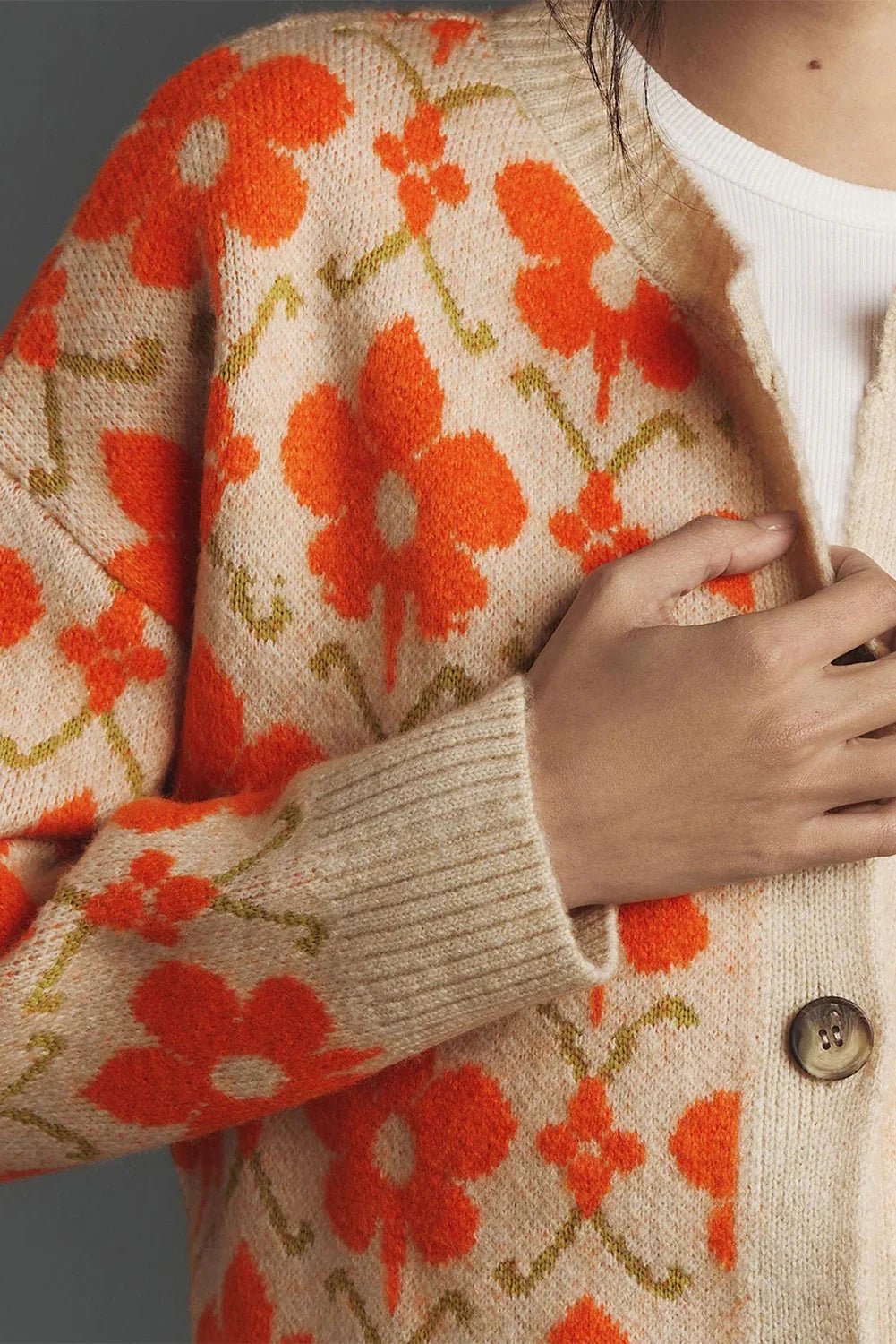 Orange Floral Button Round Neck Knit Cardigan - minbolu