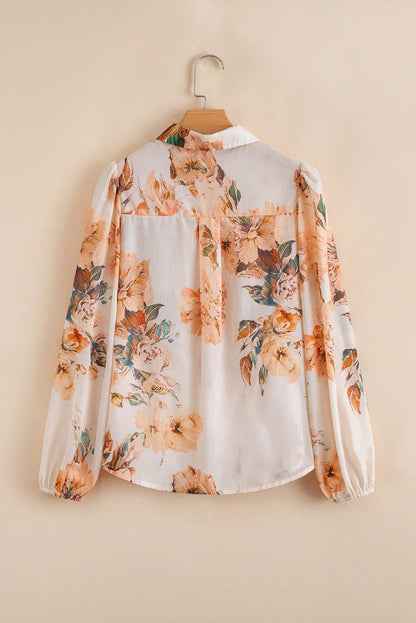 Orange Floral Puff Sleeve Lightweight Shirt - minbolu