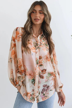 Orange Floral Puff Sleeve Lightweight Shirt - minbolu -