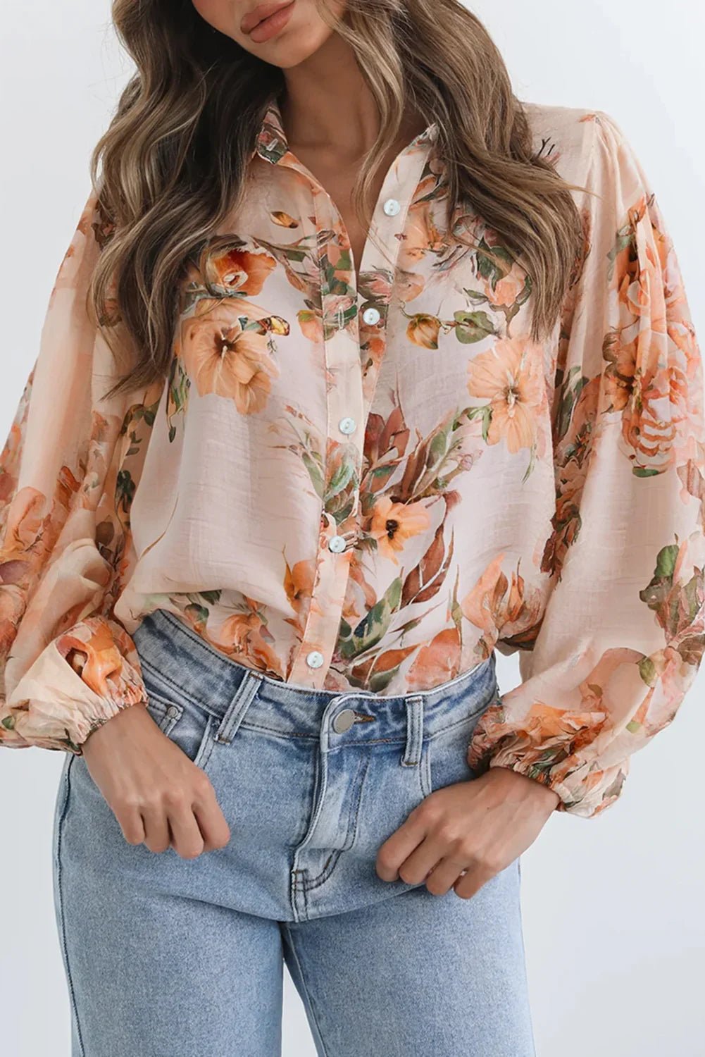 Orange Floral Puff Sleeve Lightweight Shirt - minbolu -