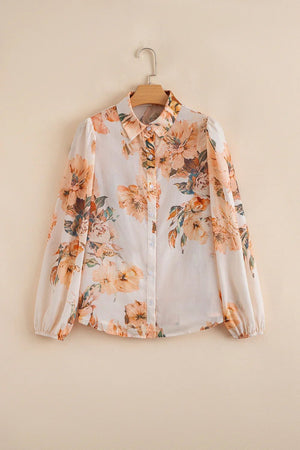 Orange Floral Puff Sleeve Lightweight Shirt - minbolu -