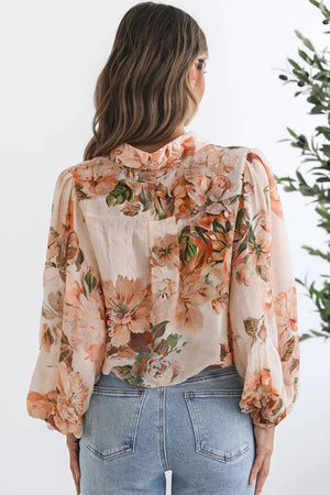 Orange Floral Puff Sleeve Lightweight Shirt - minbolu -