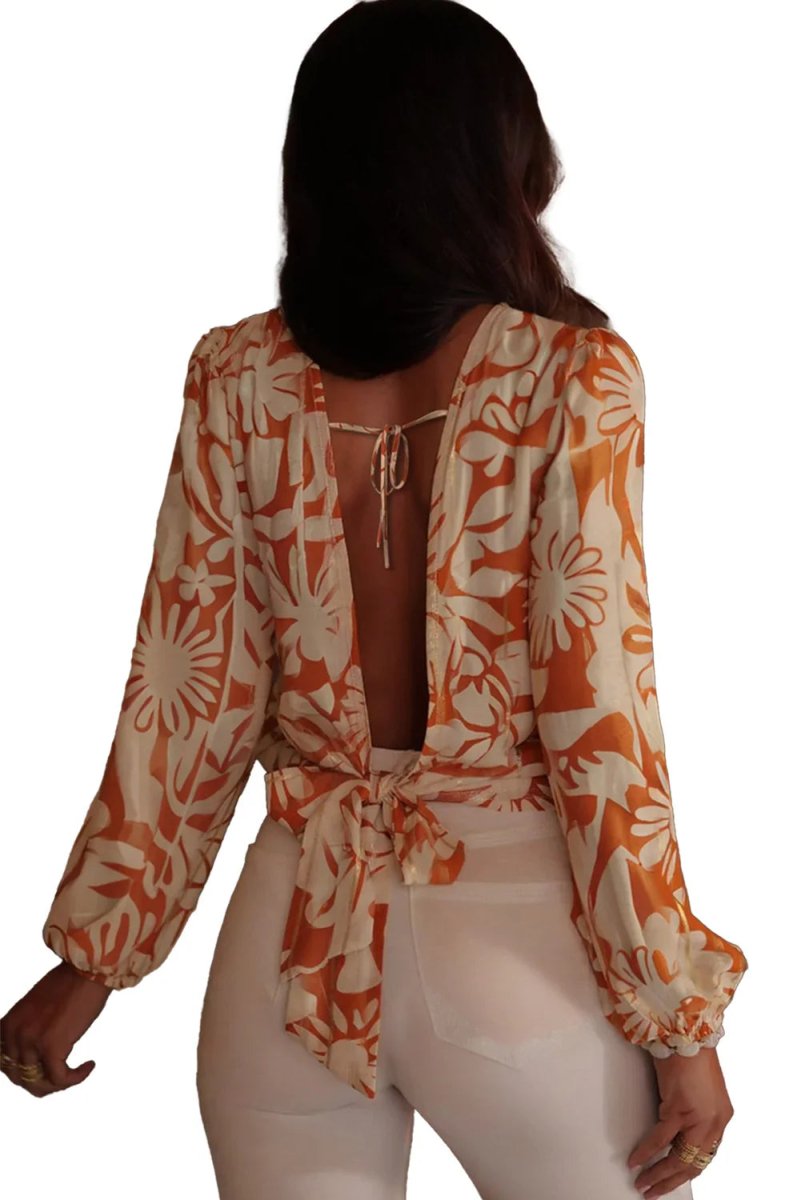 Orange Floral Print Knotted Backless Long Sleeve Blouse - minbolu -