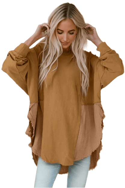 Oversized Boho Blouse with Contrast Textures - minbolu -