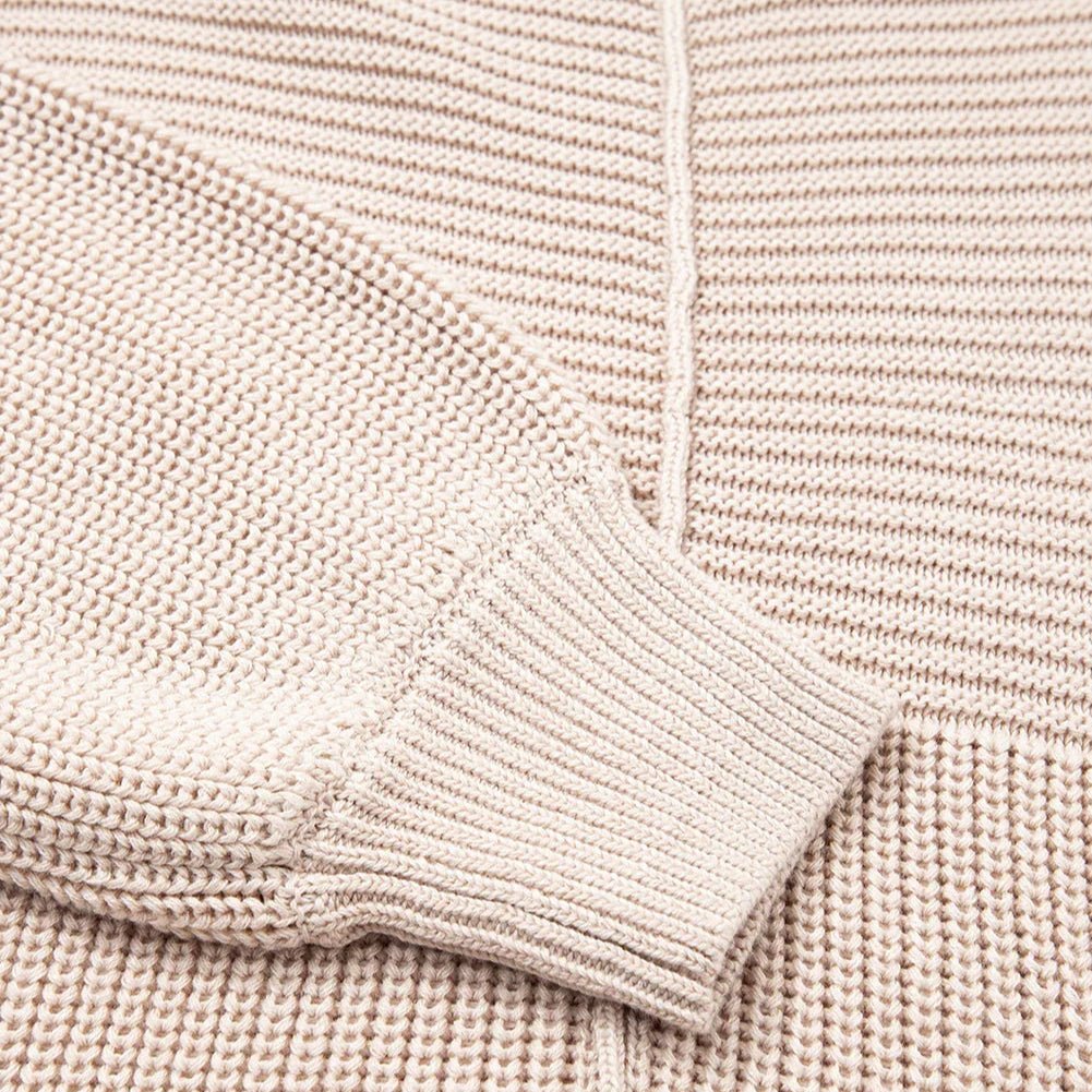 Parchment Mixed Texture Patchwork Knitted Lantern Sleeve Sweater - minbolu -