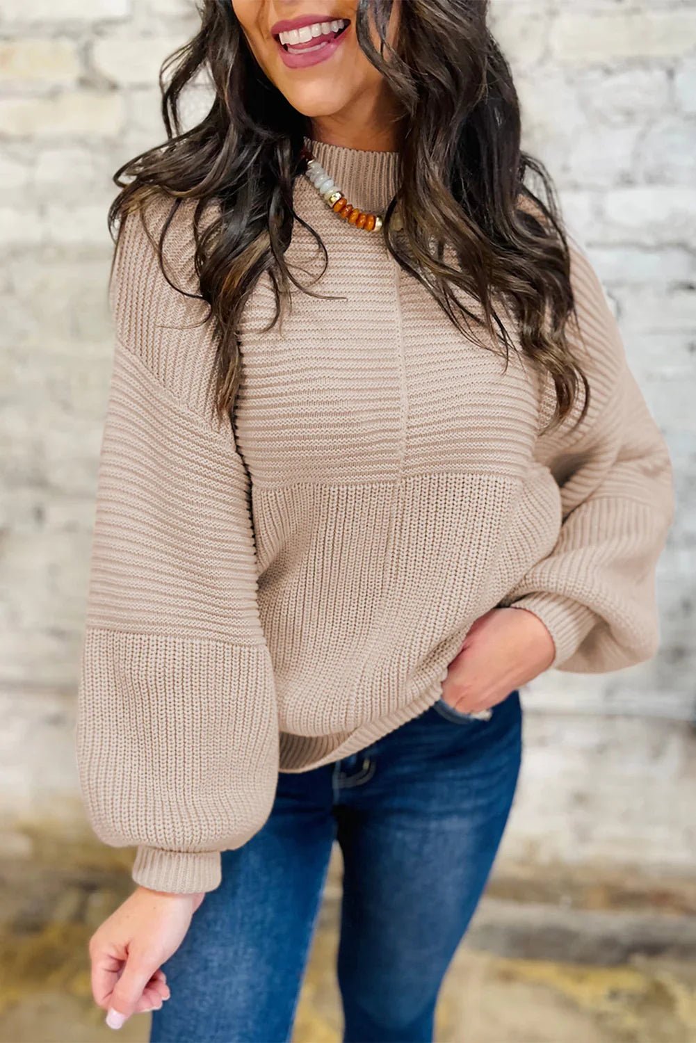 Parchment Mixed Texture Patchwork Knitted Lantern Sleeve Sweater - minbolu -