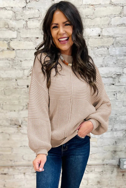 Parchment Mixed Texture Patchwork Knitted Lantern Sleeve Sweater - minbolu -