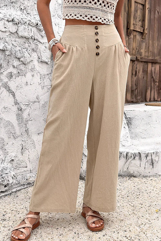 Parchment Solid Color Button High Waist Wide Leg Pants - minbolu