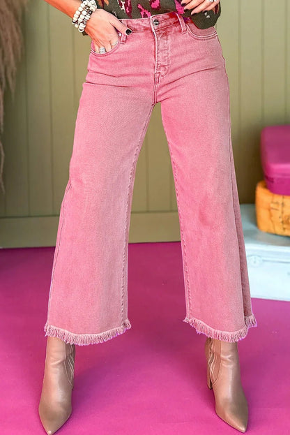 Peach Blossom Acid Wash Cropped Wide - Leg Jeans - minbolu