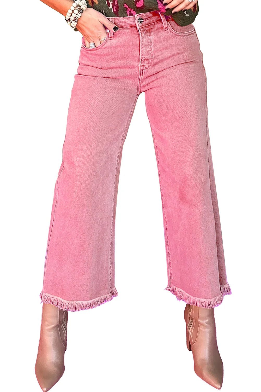 Peach Blossom Acid Wash Cropped Wide - Leg Jeans - minbolu