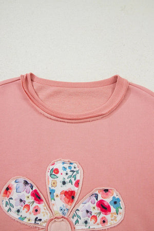 Peach Blossom Flower Applique Patchwork Drop Sleeve Pullover Sweatshirt - minbolu -