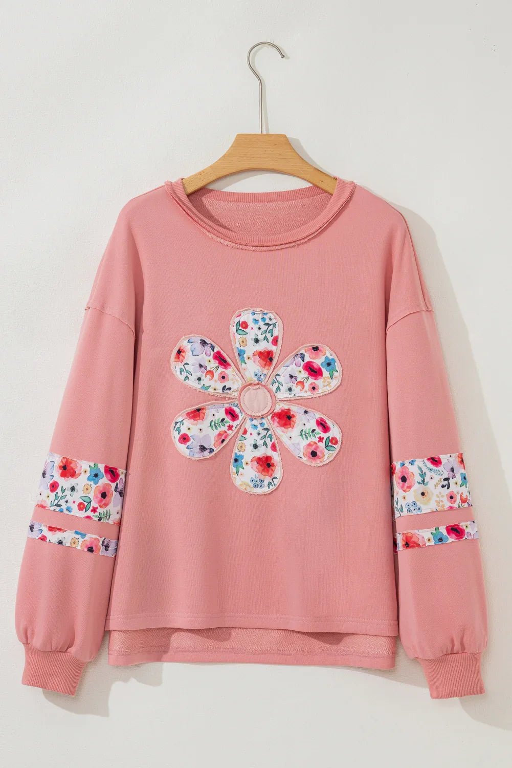 Peach Blossom Flower Applique Patchwork Drop Sleeve Pullover Sweatshirt - minbolu -